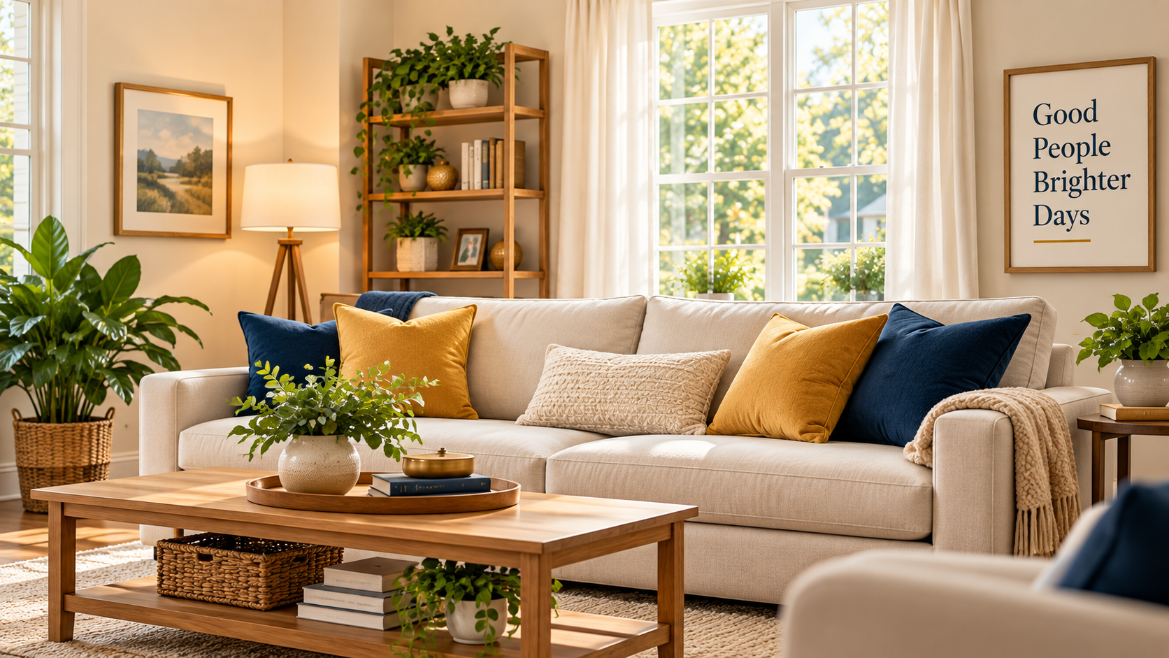 Bright elegant living room with warm natural light and navy and gold accent colors