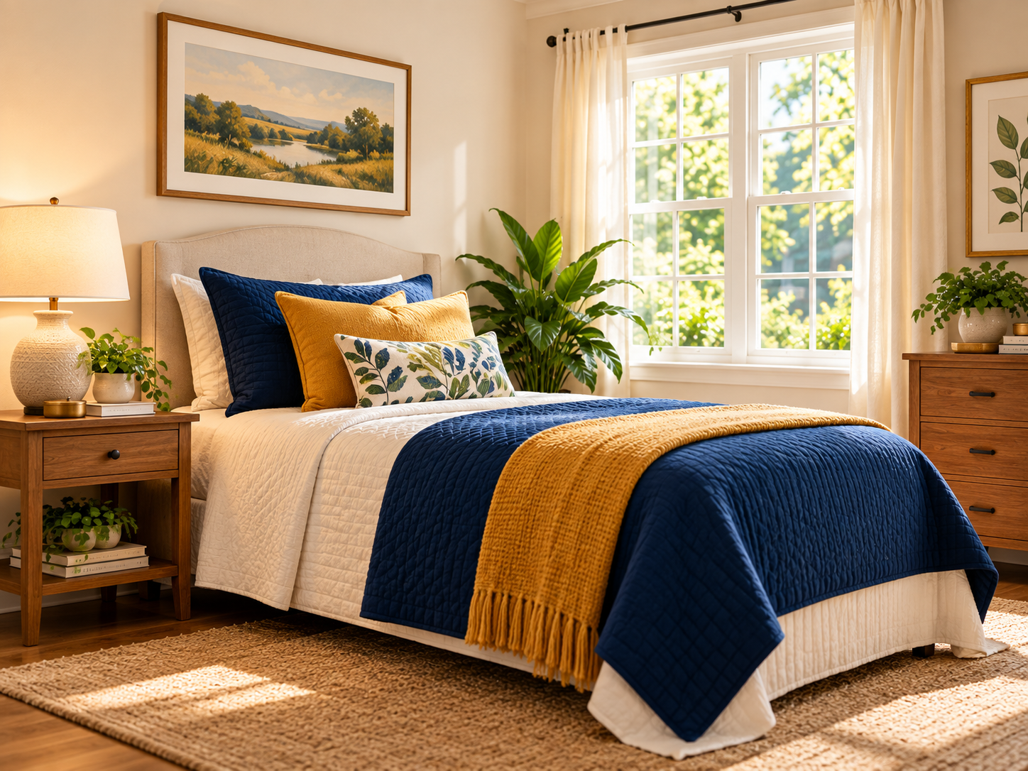 Private room with one bed and Steady House navy and gold design accents