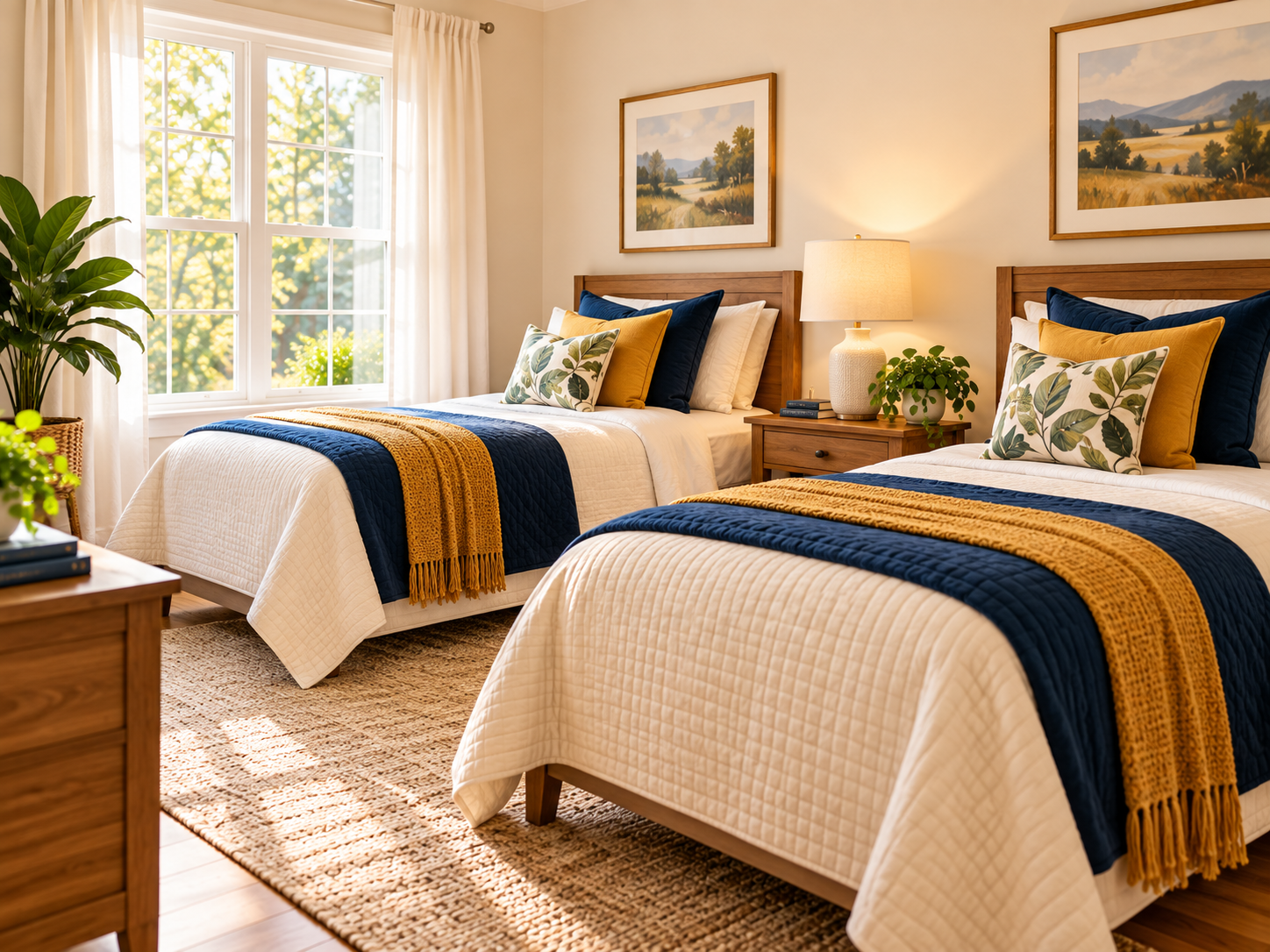 Shared room with two beds and Steady House navy and gold design accents